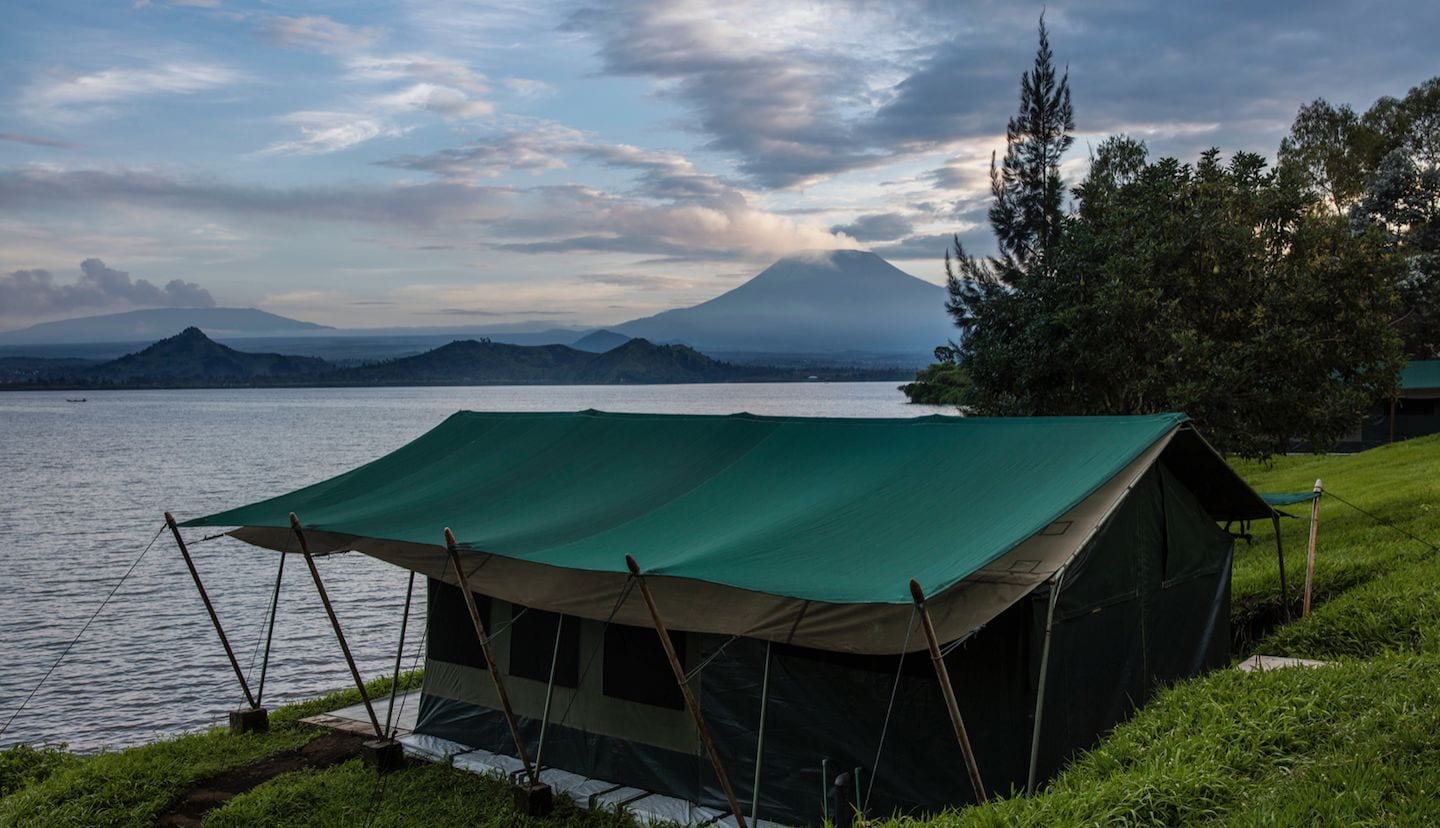 Tcehgera Island accomodation tent looking over Lake Kivu by photographer Brent Stirton