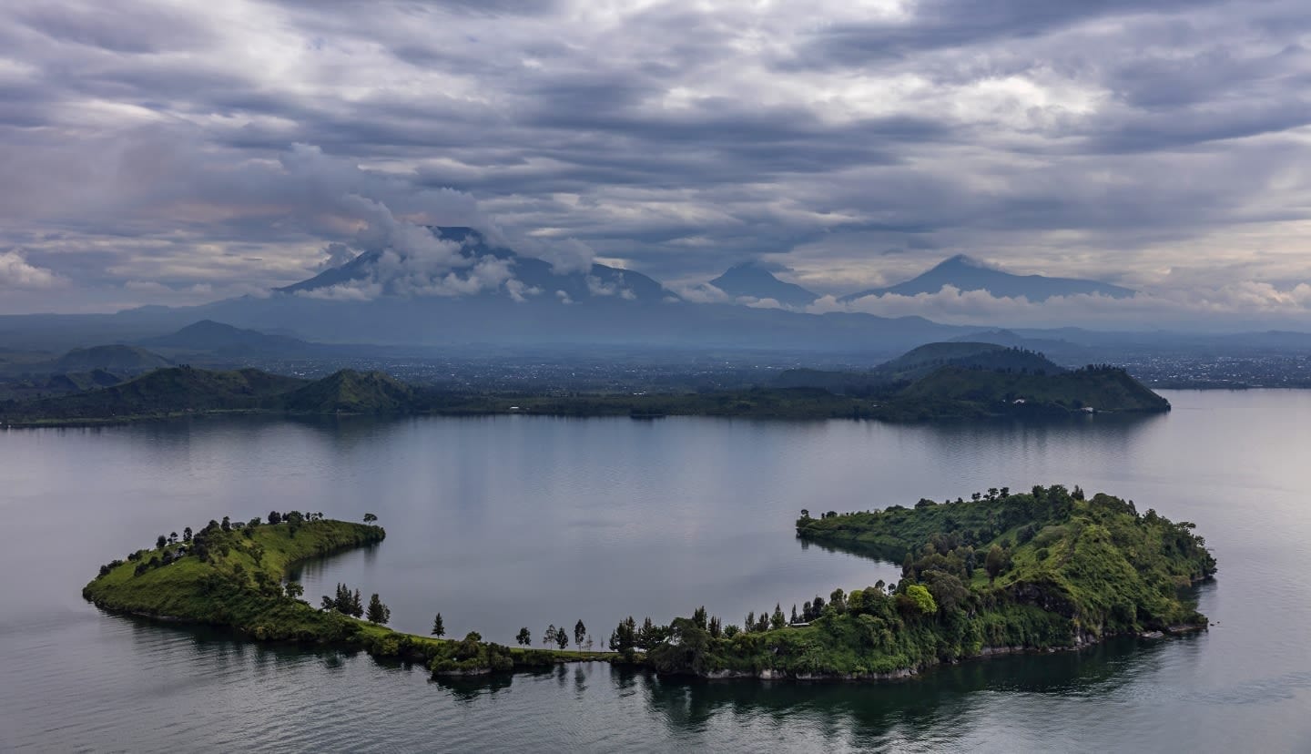 An aerial view of Tchegera Island on Lake Kivu