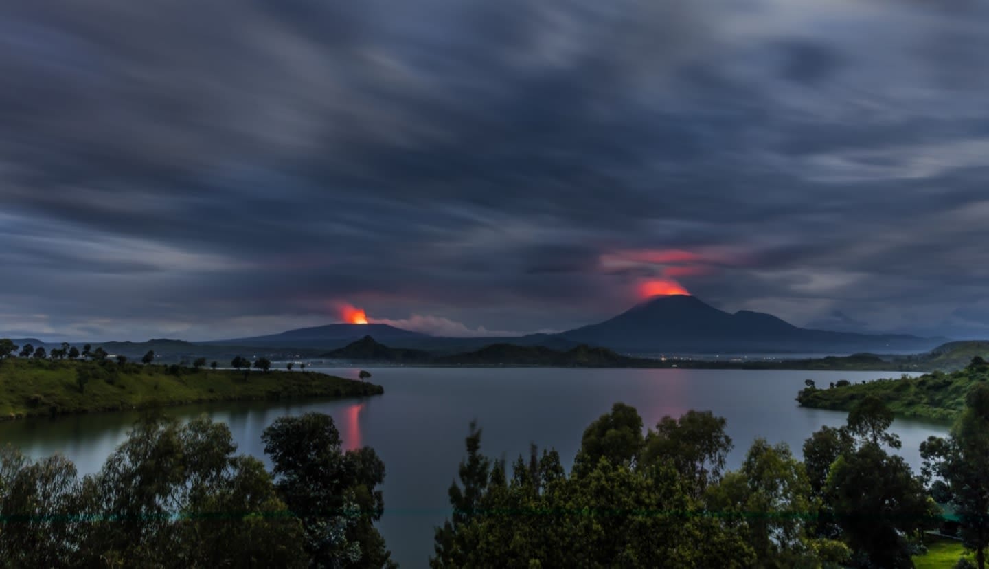 Scenic views of active volcanoes from Tcehgera Island by photographer Brent Stirton