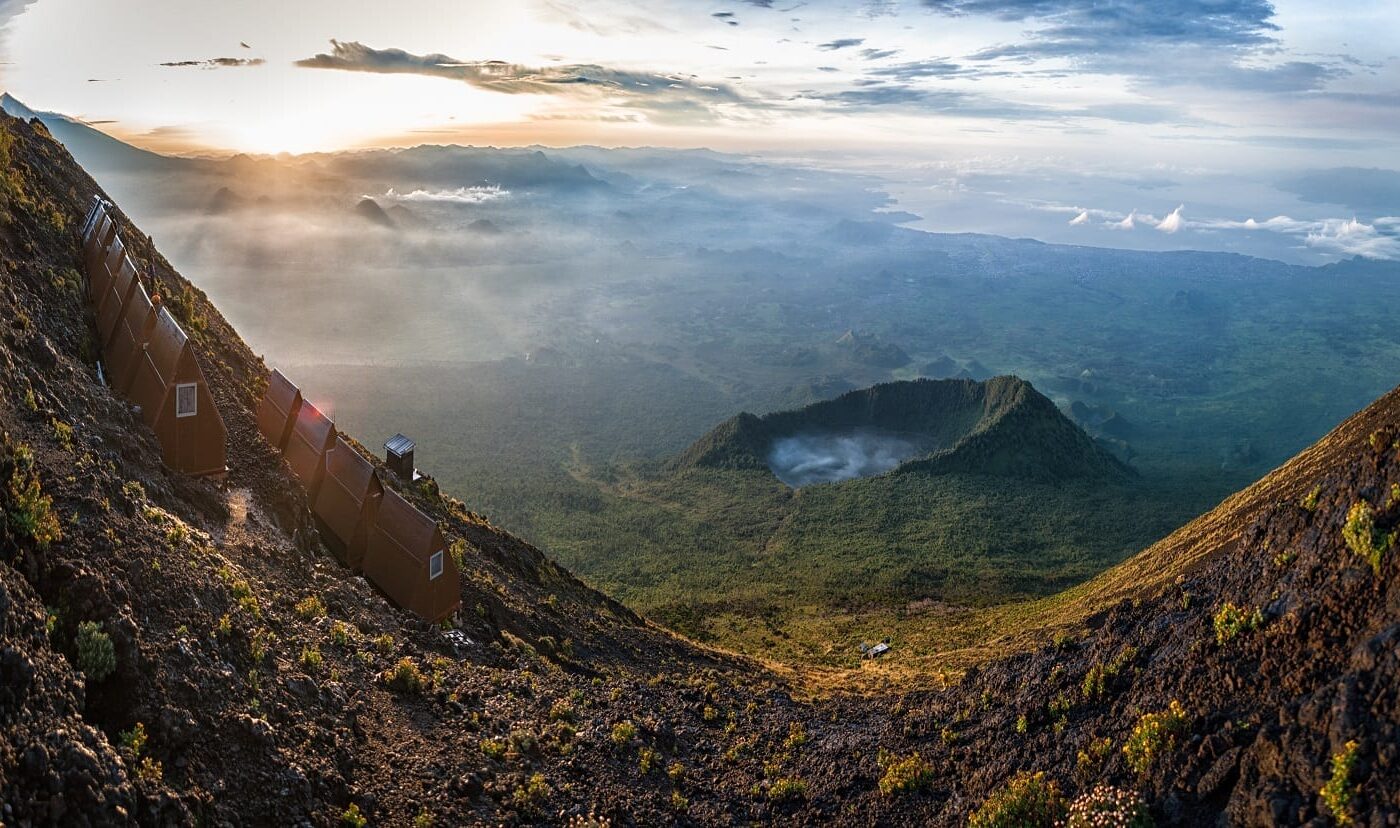 View of Shiero from the rim of Mt Nyiragongo showing the huts
