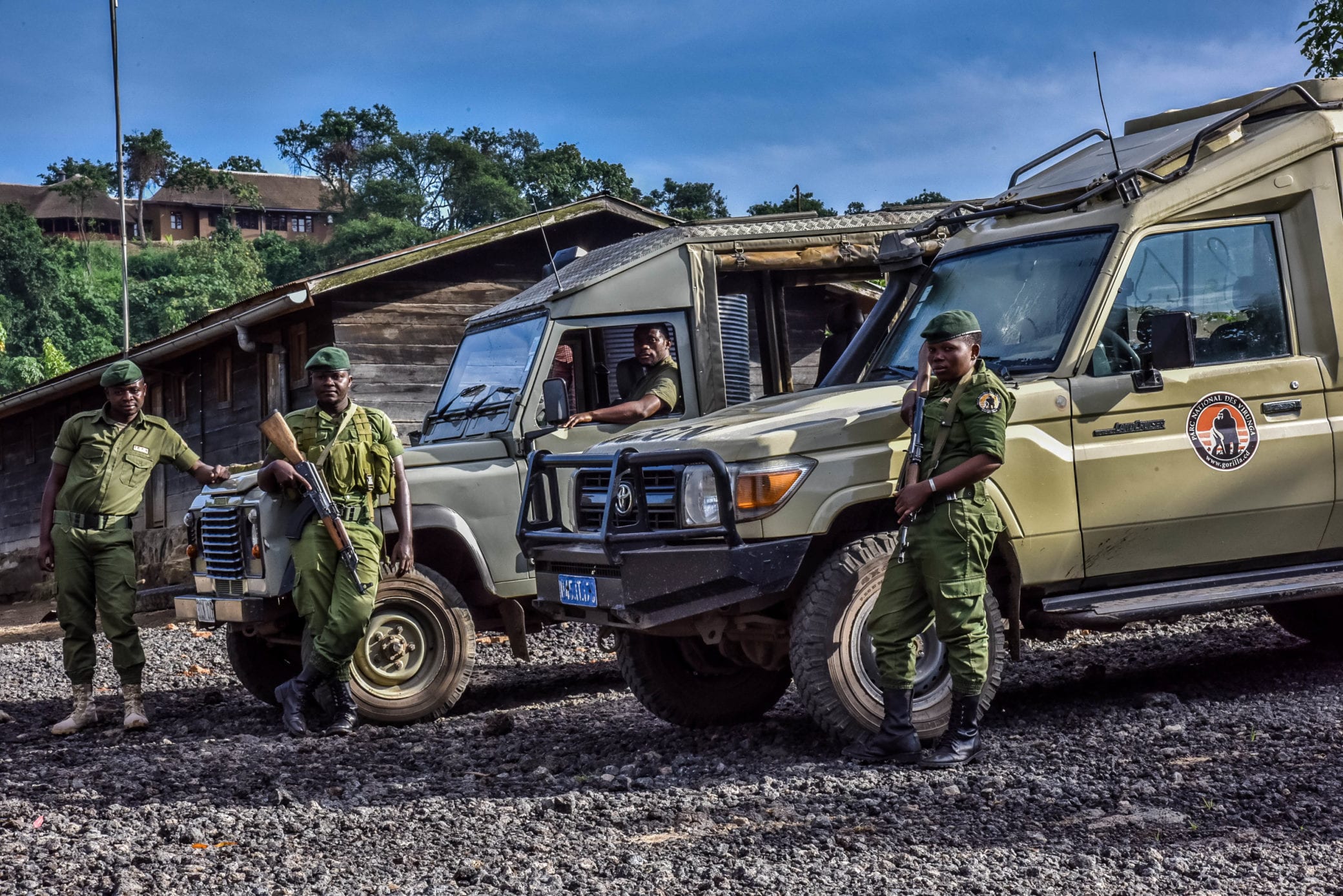 Rangers and their vehicles at Kibumba Camp